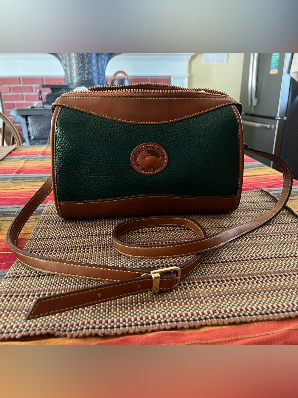 Vintage Dooney & Bourke Green Pebbled Leather Crossbody with Brown Trim